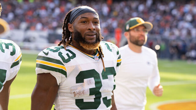 CHICAGO, IL - SEPTEMBER 10: Running back Aaron Jones #33 of the Green Bay Packers looks on during an NFL football game against the Chicago Bear at Soldier Field on September 10, 2023 in Chicago, Illinois.