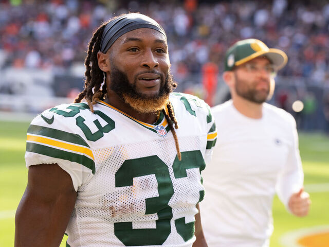 CHICAGO, IL - SEPTEMBER 10: Running back Aaron Jones #33 of the Green Bay Packers looks on during an NFL football game against the Chicago Bear at Soldier Field on September 10, 2023 in Chicago, Illinois.