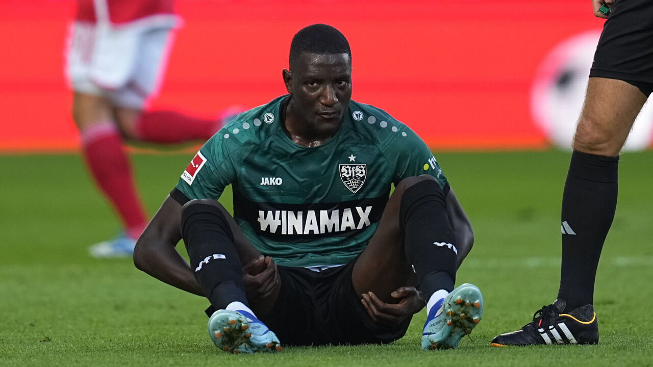 BERLIN, GERMANY - OCTOBER 21: Serhou Guirassy of VfB Stuttgart on the ground during the Bundesliga match between 1. FC Union Berlin and VfB Stuttgart at An der Alten Foersterei on October 21, 2023 in Berlin, Germany.