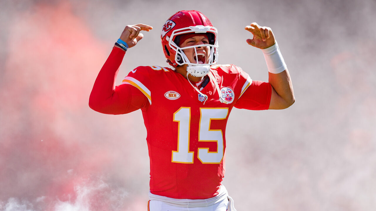 KANSAS CITY, MISSOURI - SEPTEMBER 24: Patrick Mahomes #15 of the Kansas City Chiefs runs on to the field prior to the game against the Chicago Bears at GEHA Field at Arrowhead Stadium on September 24, 2023 in Kansas City, Missouri.