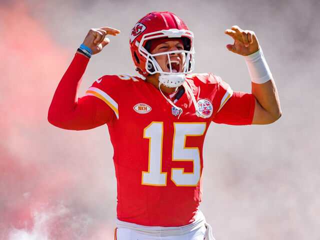 KANSAS CITY, MISSOURI - SEPTEMBER 24: Patrick Mahomes #15 of the Kansas City Chiefs runs on to the field prior to the game against the Chicago Bears at GEHA Field at Arrowhead Stadium on September 24, 2023 in Kansas City, Missouri.