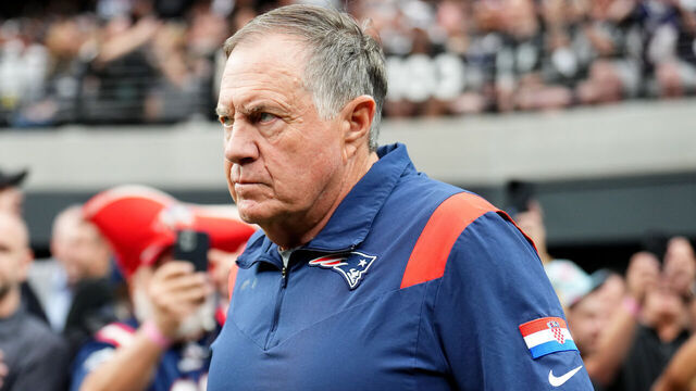 LAS VEGAS, NEVADA - OCTOBER 15: Head coach Bill Belichick of the New England Patriots looks on prior to a game against the Las Vegas Raiders at Allegiant Stadium on October 15, 2023 in Las Vegas, Nevada.