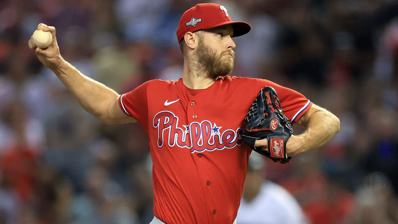 PHOENIX, ARIZONA - OCTOBER 21: Zack Wheeler #45 of the Philadelphia Phillies throws a pitch against the Arizona Diamondbacks during the first inning in Game Five of the National League Championship Series at Chase Field on October 21, 2023 in Phoenix, Arizona.
