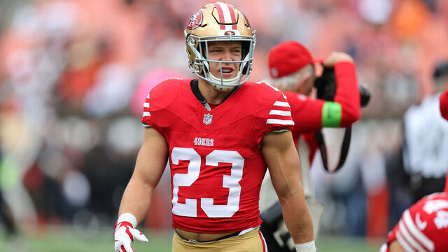 CLEVELAND, OH - OCTOBER 15: San Francisco 49ers running back Christian McCaffrey (23) on the field prior to the National Football League game between the San Francisco 49ers and Cleveland Browns on October 15, 2023, at Cleveland Browns Stadium in Cleveland, OH.