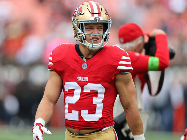 CLEVELAND, OH - OCTOBER 15: San Francisco 49ers running back Christian McCaffrey (23) on the field prior to the National Football League game between the San Francisco 49ers and Cleveland Browns on October 15, 2023, at Cleveland Browns Stadium in Cleveland, OH.