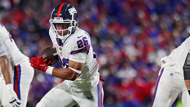 ORCHARD PARK, NEW YORK - OCTOBER 15: Saquon Barkley #26 of the New York Giants runs up the field in the fourth quarter of a game against the Buffalo Bills at Highmark Stadium on October 15, 2023 in Orchard Park, New York.