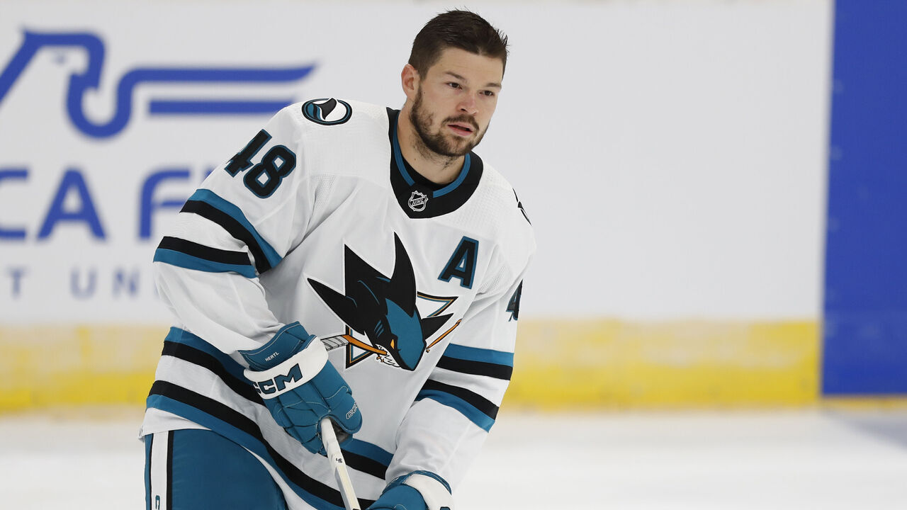 SALT LAKE CITY, UT - OCTOBER 5: Thomas Hertl #48 of the San Jose Sharks skates during warmups before their their pre-season game against the Los Angeles Kings at the Delta Center October 5, 2023 in Salt Lake City, Utah.