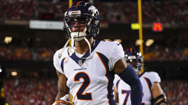 KANSAS CITY, MO - OCTOBER 12: Pat Surtain II #2 of the Denver Broncos runs out of the tunnel prior to an NFL football game against the Kansas City Chiefs at GEHA Field at Arrowhead Stadium on October 12, 2023 in Kansas City, Missouri.