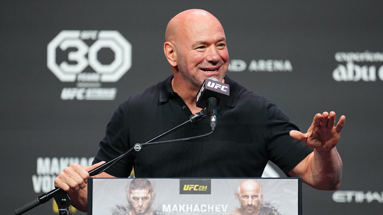 ABU DHABI, UNITED ARAB EMIRATES - OCTOBER 19: UFC CEO Dana White hosts the UFC 294 press conference at Etihad Arena on October 19, 2023 in Abu Dhabi, United Arab Emirates.