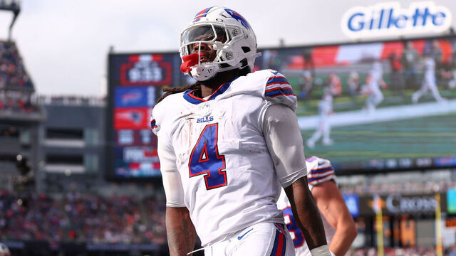 FOXBOROUGH, MASSACHUSETTS - OCTOBER 22: James Cook #4 of the Buffalo Bills celebrates after scores a touchdown against the New England Patriots during the third quarter of the game at Gillette Stadium on October 22, 2023 in Foxborough, Massachusetts.