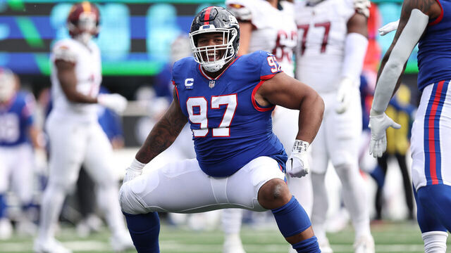 EAST RUTHERFORD, NEW JERSEY - OCTOBER 22: Dexter Lawrence II #97 of the New York Giants celebrates after a sack in the second quarter of the game against the Washington Commanders at MetLife Stadium on October 22, 2023 in East Rutherford, New Jersey.