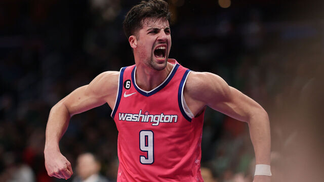 WASHINGTON, DC - MARCH 28: Deni Avdija #9 of the Washington Wizards celebrates after dunking against the Boston Celtics during the second half at Capital One Arena on March 28, 2023 in Washington, DC.