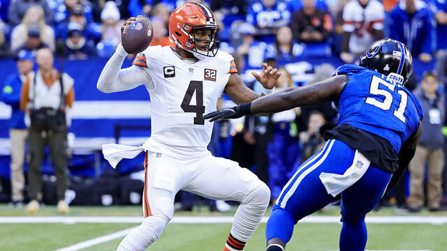 INDIANAPOLIS, INDIANA - OCTOBER 22: Deshaun Watson #4 of the Cleveland Browns scrambles during the first quarter against Kwity Paye #51 of the Indianapolis Colts at Lucas Oil Stadium on October 22, 2023 in Indianapolis, Indiana.