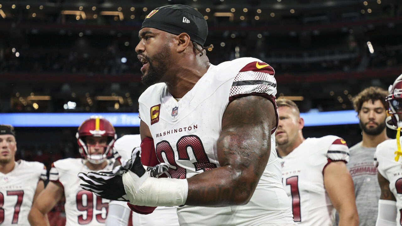 ATLANTA, GEORGIA - OCTOBER 15: Jonathan Allen #93 of the Washington Commanders leads a huddle prior to an NFL football game against the Atlanta Falcons at Mercedes-Benz Stadium on October 15, 2023 in Atlanta, Georgia.