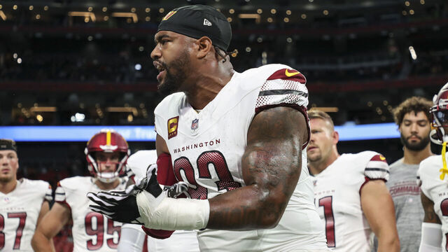 ATLANTA, GEORGIA - OCTOBER 15: Jonathan Allen #93 of the Washington Commanders leads a huddle prior to an NFL football game against the Atlanta Falcons at Mercedes-Benz Stadium on October 15, 2023 in Atlanta, Georgia.