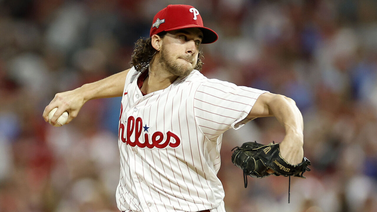 PHILADELPHIA, PENNSYLVANIA - OCTOBER 17: Aaron Nola #27 of the Philadelphia Phillies throws a first inning pitch against the Arizona Diamondbacks during Game Two of the Championship Series at Citizens Bank Park on October 17, 2023 in Philadelphia, Pennsylvania.