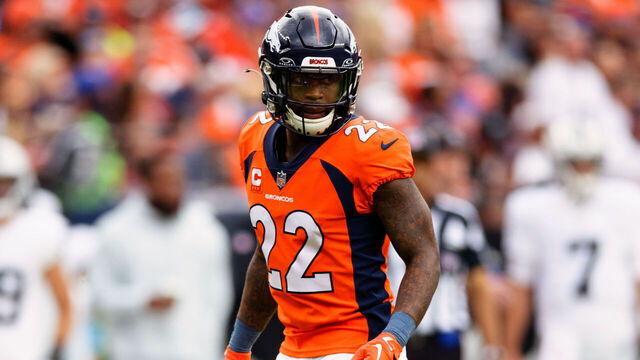 DENVER, CO - SEPTEMBER 10: Safety Kareem Jackson #22 of the Denver Broncos defends on the field during the second quarter against the Las Vegas Raiders at Empower Field at Mile High on September 10, 2023 in Denver, Colorado.