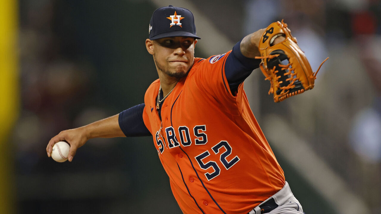 ARLINGTON, TX - OCTOBER 18: Bryan Abreu #52 of the Houston Astros looks to throw the ball during Game 3 of the ALCS between the Houston Astros and the Texas Rangers at Globe Life Field on Wednesday, October 18, 2023 in Arlington, Texas.