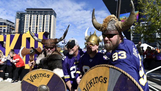 MINNEAPOLIS, MINNESOTA - OCTOBER 08: Minnesota Vikings fans gather outside the stadium prior to a game against the Kansas City Chiefs at U.S. Bank Stadium on October 08, 2023 in Minneapolis, Minnesota.