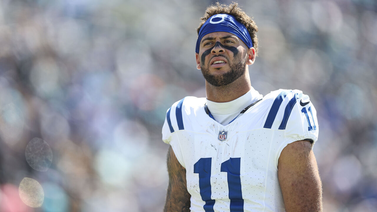 JACKSONVILLE, FL - OCTOBER 15: Michael Pittman Jr. #11 of the Indianapolis Colts walks off of the field at half time during an NFL game against the Jacksonville Jaguars at EverBank Field on October 15, 2023 in Jacksonville, Florida.