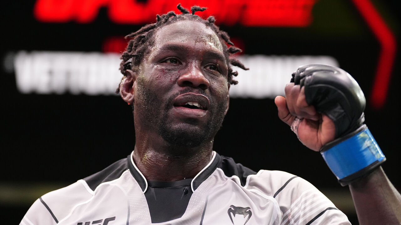 LAS VEGAS, NEVADA - JUNE 17: Jared Cannonier reacts after his victory over Marvin Vettori of Italy in a middleweight fight during the UFC Fight Night event at UFC APEX on June 17, 2023 in Las Vegas, Nevada.