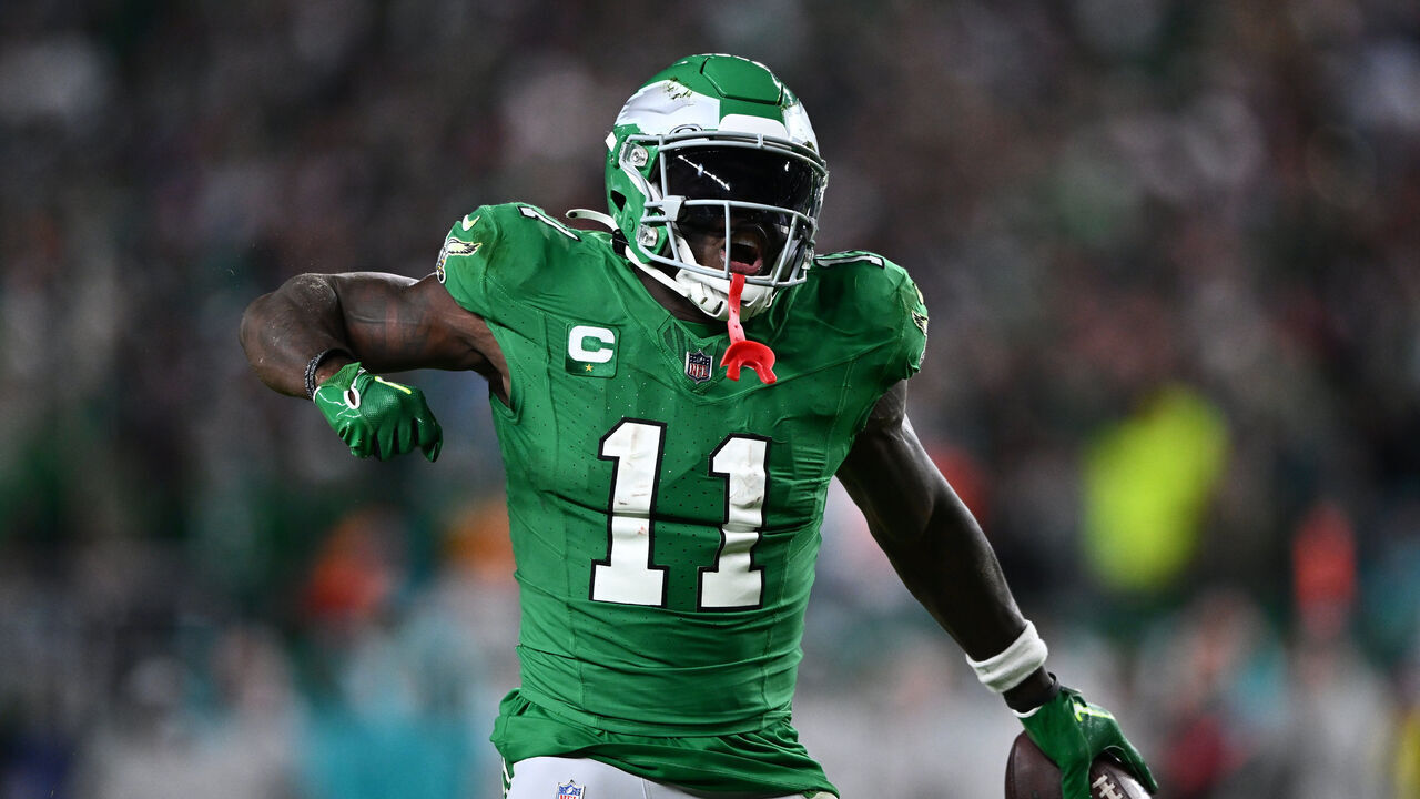 PHILADELPHIA, PA - OCTOBER 22: Philadelphia Eagles Wide Receiver A.J. Brown (11) reacts after a reception in the second half during the game between the Miami Dolphins and Philadelphia Eagles on October 22, 2023 at Lincoln Financial Field in Philadelphia, PA.