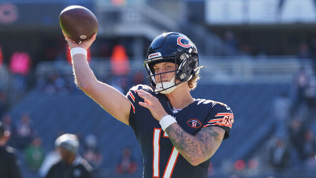 CHICAGO, IL - OCTOBER 22: of the Chicago Bears warms up on the field prior to an NFL football game against the Las Vegas Raiders at Soldier Field on October 22, 2023 in Chicago, Illinois.