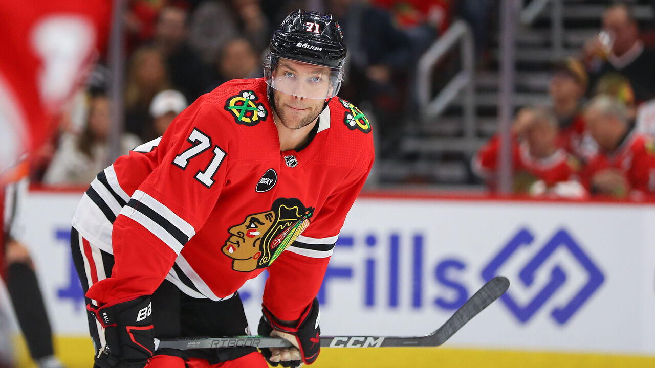 CHICAGO, IL - OCTOBER 21: Chicago Blackhawks left wing Taylor Hall (71) looks on during a game between the Vegas Golden Knights and the Chicago Blackhawks on October 21, 2023 at the United Center in Chicago, IL.