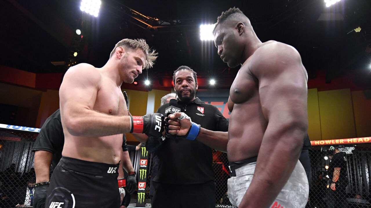 LAS VEGAS, NEVADA - MARCH 27: (L-R) Opponents Stipe Miocic and Francis Ngannou of Cameroon face off prior to their UFC heavyweight championship fight during the UFC 260 event at UFC APEX on March 27, 2021 in Las Vegas, Nevada.