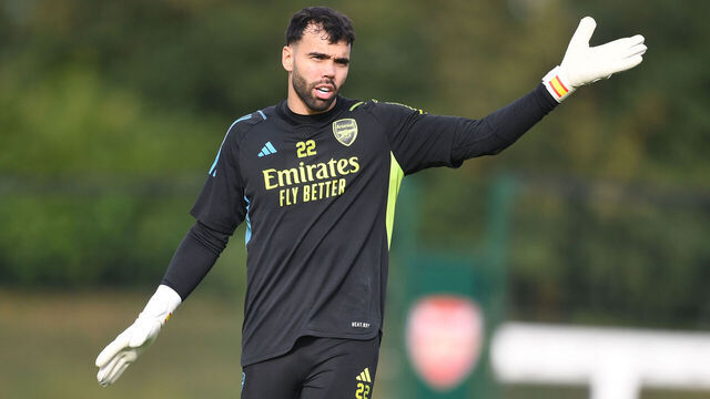 ST ALBANS, ENGLAND - OCTOBER 23: David Raya of Arsenal during a training session at London Colney on October 23, 2023 in St Albans, England.