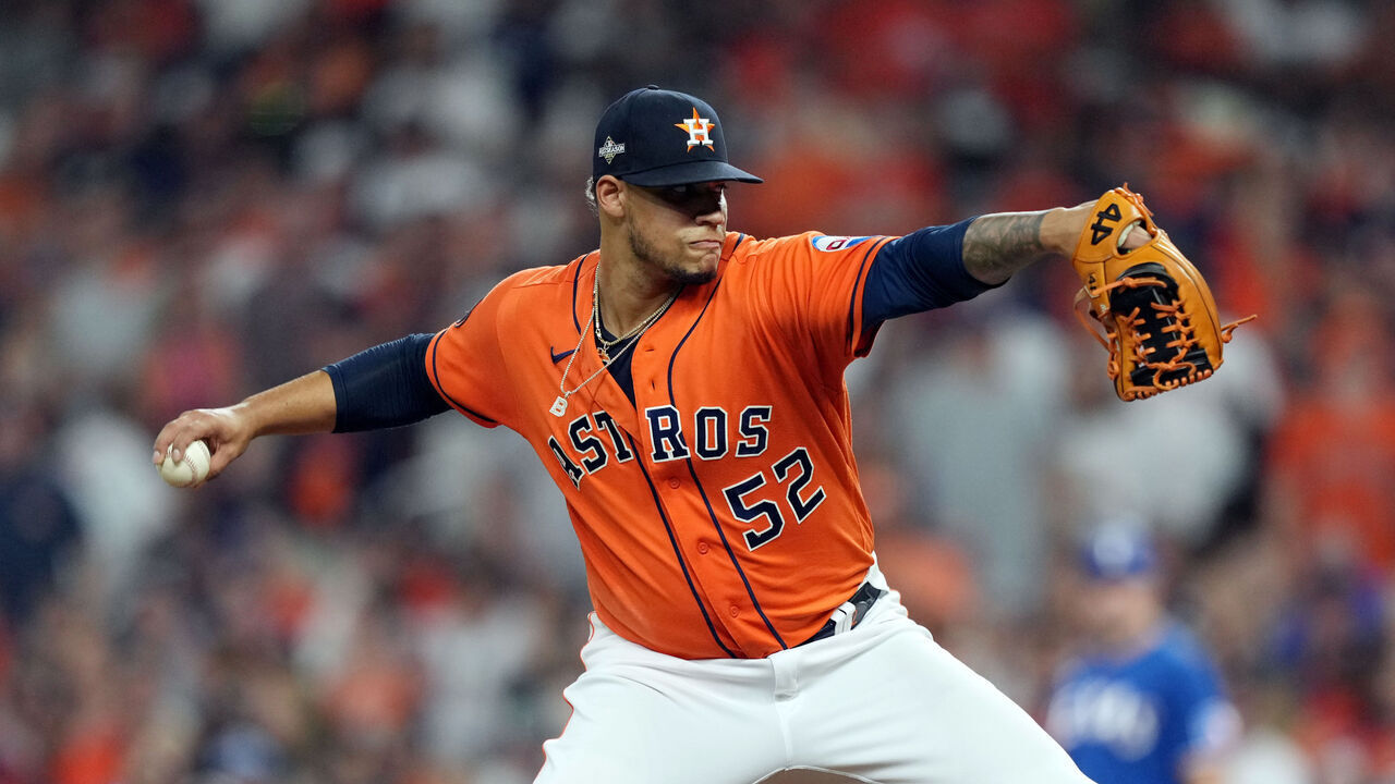 HOUSTON, TX - OCTOBER 22: Bryan Abreu #52 of the Houston Astros pitches during Game 6 of the ALCS between the Texas Rangers and the Houston Astros at Minute Maid Park on Sunday, October 22, 2023 in Houston, Texas.