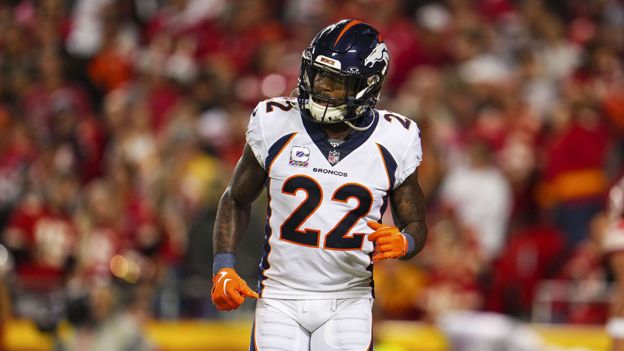 KANSAS CITY, MO - OCTOBER 12: Kareem Jackson #22 of the Denver Broncos runs across the field during an NFL football game against the Kansas City Chiefs at GEHA Field at Arrowhead Stadium on October 12, 2023 in Kansas City, Missouri.