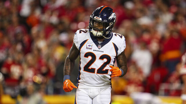 KANSAS CITY, MO - OCTOBER 12: Kareem Jackson #22 of the Denver Broncos runs across the field during an NFL football game against the Kansas City Chiefs at GEHA Field at Arrowhead Stadium on October 12, 2023 in Kansas City, Missouri.