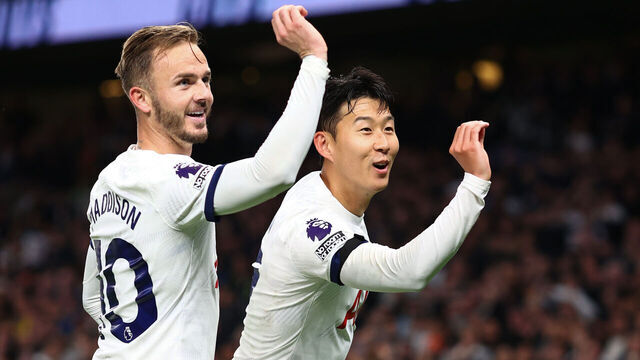 LONDON, ENGLAND - OCTOBER 23: James Maddison of Tottenham Hotspur celebrates their second goal with Son Heung-Min of Tottenham Hotspur during the Premier League match between Tottenham Hotspur and Fulham FC at Tottenham Hotspur Stadium on October 23, 2023 in London, United Kingdom.