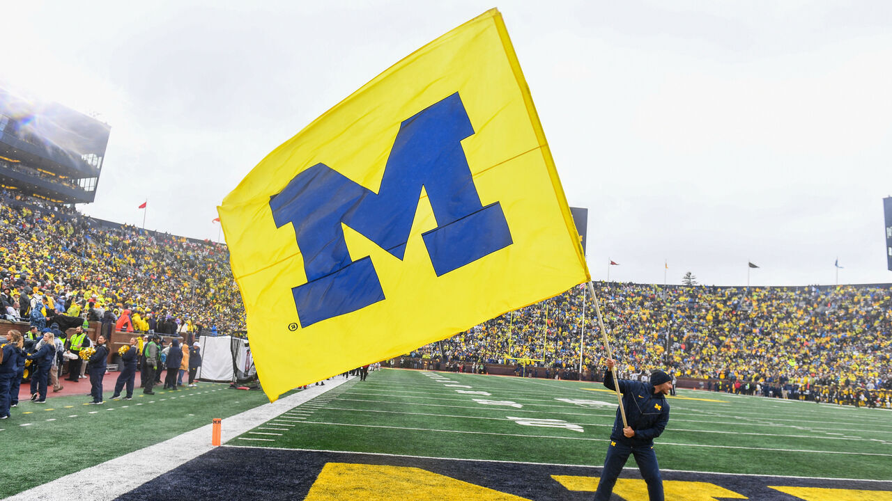 ANN ARBOR, MICHIGAN - OCTOBER 14: A general view of the University of Michigan flag before a game between the Michigan Wolverines and the Indiana Hoosiers at Michigan Stadium on October 14, 2023 in Ann Arbor, Michigan.