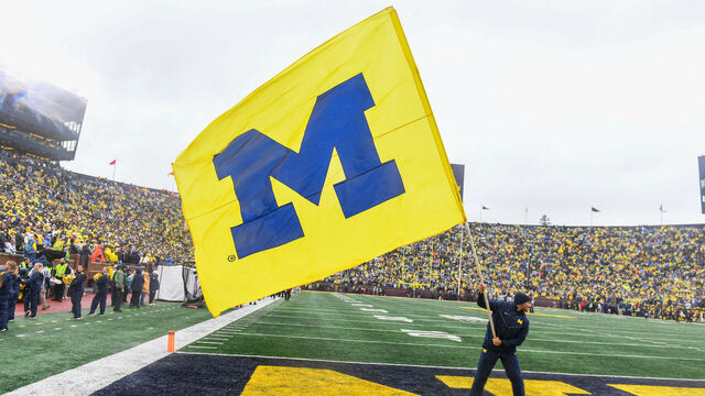 ANN ARBOR, MICHIGAN - OCTOBER 14: A general view of the University of Michigan flag before a game between the Michigan Wolverines and the Indiana Hoosiers at Michigan Stadium on October 14, 2023 in Ann Arbor, Michigan.