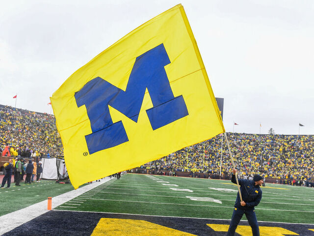 ANN ARBOR, MICHIGAN - OCTOBER 14: A general view of the University of Michigan flag before a game between the Michigan Wolverines and the Indiana Hoosiers at Michigan Stadium on October 14, 2023 in Ann Arbor, Michigan.