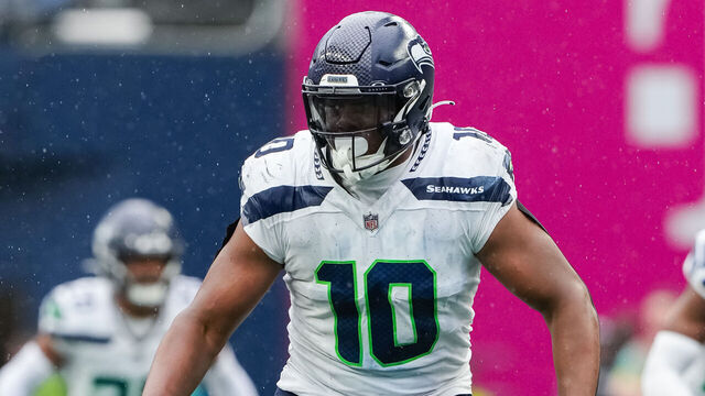 SEATTLE, WASHINGTON - SEPTEMBER 24: Uchenna Nwosu #10 of the Seattle Seahawks runs on defense during the fourth quarter of a game against the Carolina Panthers at Lumen Field on September 24, 2023 in Seattle, Washington.