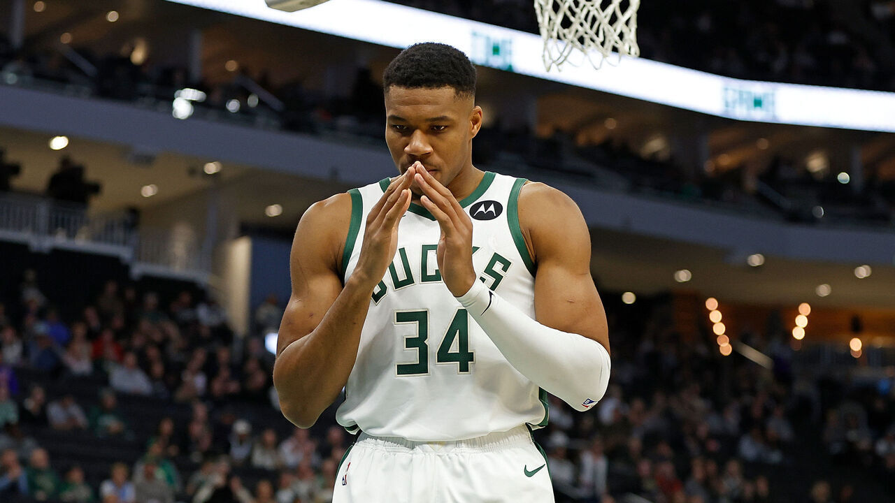 MILWAUKEE, WISCONSIN - OCTOBER 20: Giannis Antetokounmpo #34 of the Milwaukee Bucks just before the start of the preseason game against the Memphis Grizzlies at Fiserv Forum on October 20, 2023 in Milwaukee, Wisconsin.