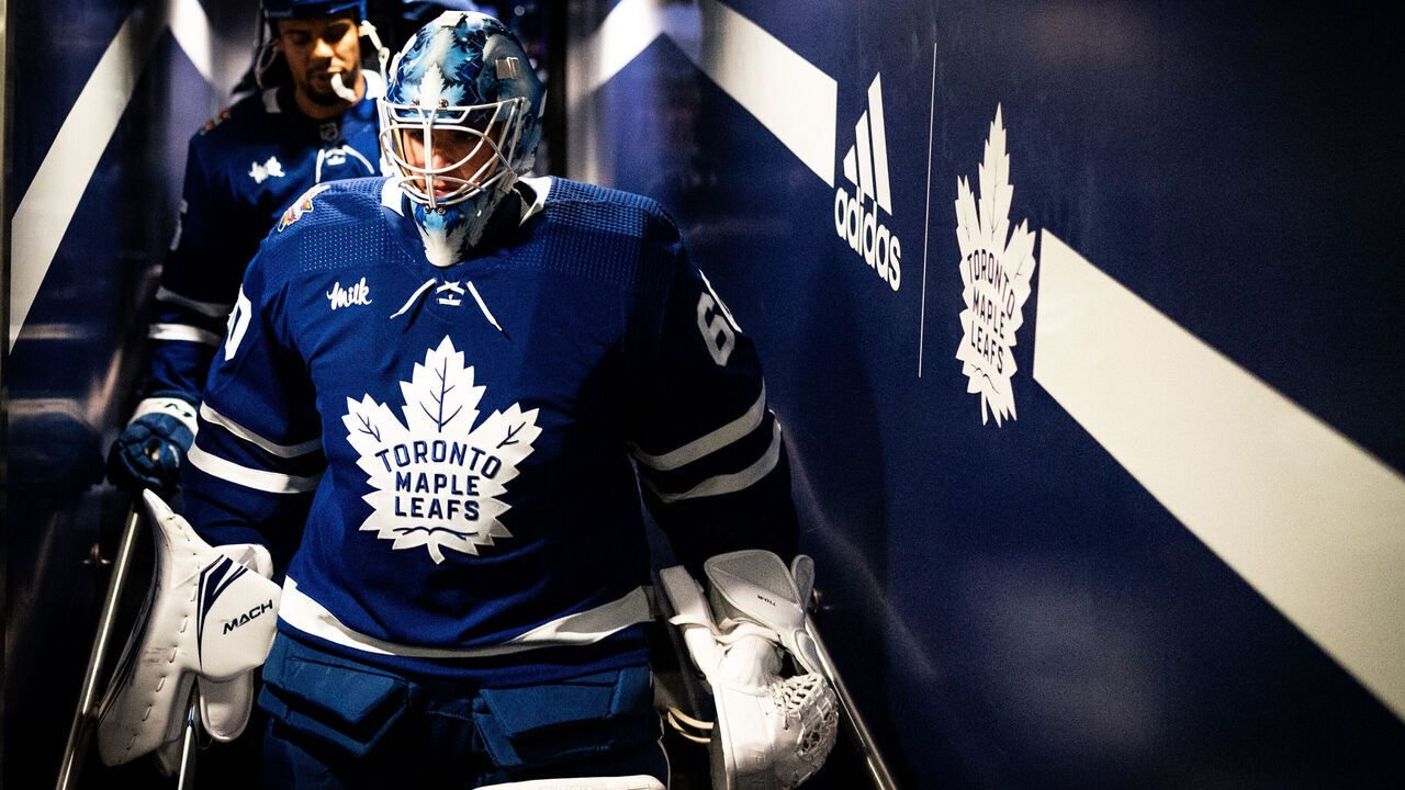 TORONTO, ON - OCTOBER 16: Joseph Woll #60 of the Toronto Maple Leafs walks to the ice before playing the Chicago Blackhawks at the Scotiabank Arena on October 16, 2023 in Toronto, Ontario, Canada.