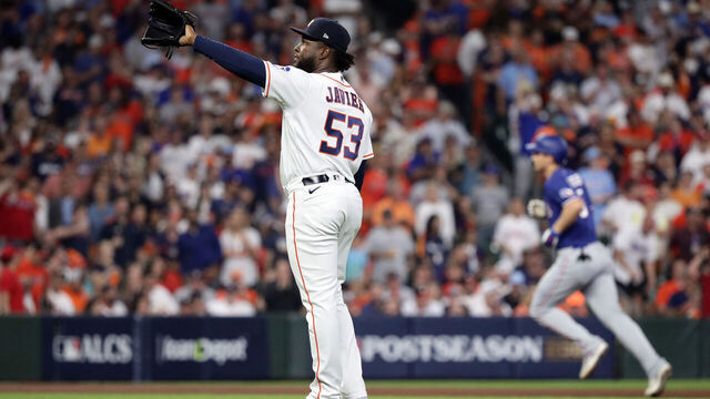 HOUSTON, TEXAS - OCTOBER 23: Cristian Javier #53 of the Houston Astros reacts after giving up a solo home run to Corey Seager #5 of the Texas Rangers during the first inning in Game Seven of the American League Championship Series at Minute Maid Park on October 23, 2023 in Houston, Texas.