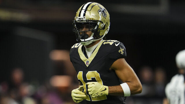 NEW ORLEANS, LA - OCTOBER 19: Chris Olave #12 of the New Orleans Saints runs across the field during an NFL football game against the Jacksonville Jaguars at Caesars Superdome on October 19, 2023 in New Orleans, Louisiana.