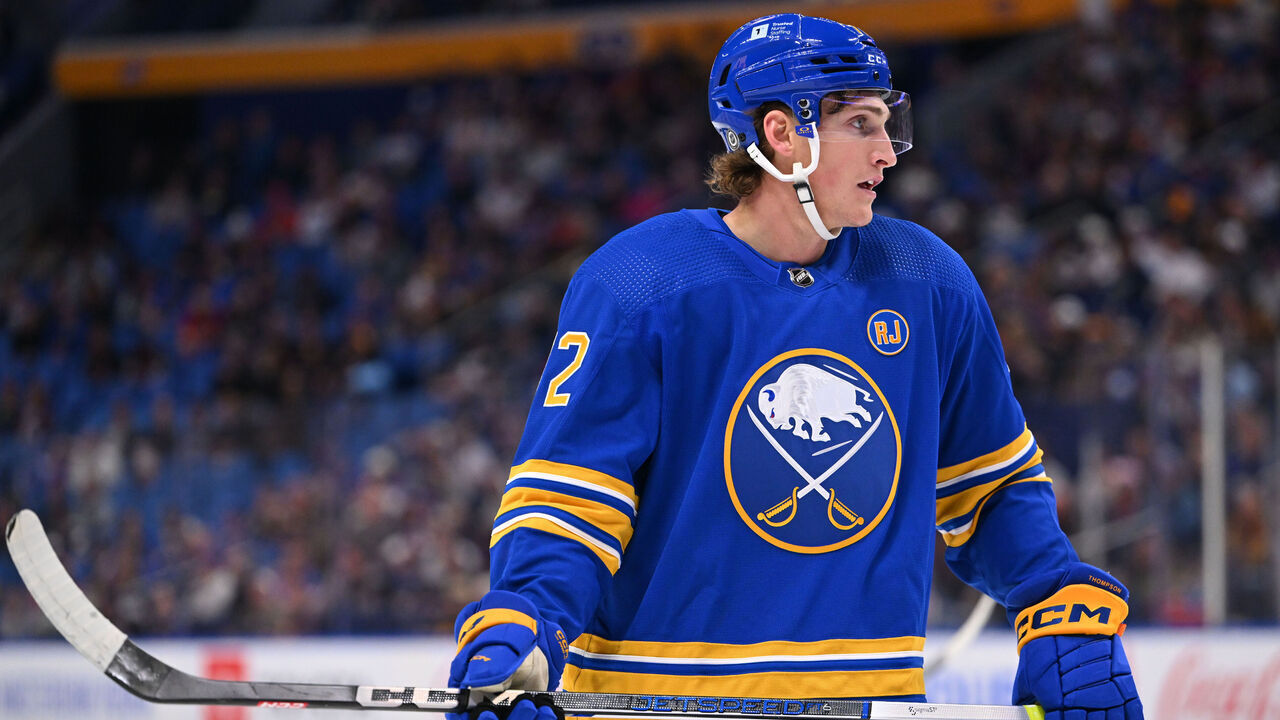 BUFFALO, NEW YORK - OCTOBER 19: Tage Thompson #72 of the Buffalo Sabres skates during an NHL game against the Calgary Flames on October 19, 2023 at KeyBank Center in Buffalo, New York. Calgary won, 4-3.