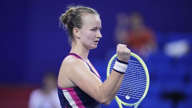 ZHUHAI, CHINA - OCTOBER 24: Barbora Krejcikova of Czech Republic celebrates after winning the match against Magda Linette of Poland in the women's singles 1st round match on Day 1 of the WTA Elite Trophy Zhuhai 2023 at Hengqin Tennis Center on October 24, 2023 in Zhuhai, China.