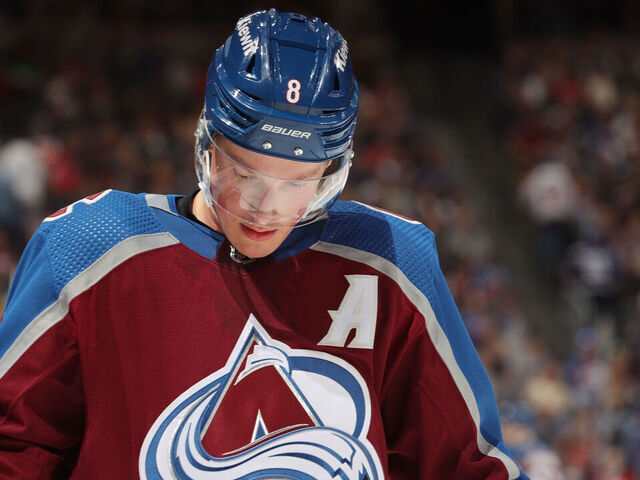 DENVER, COLORADO - OCTOBER 21: Cale Makar #8 of the Colorado Avalanche skates against the Carolina Hurricanes at Ball Arena on October 21, 2023 in Denver, Colorado.