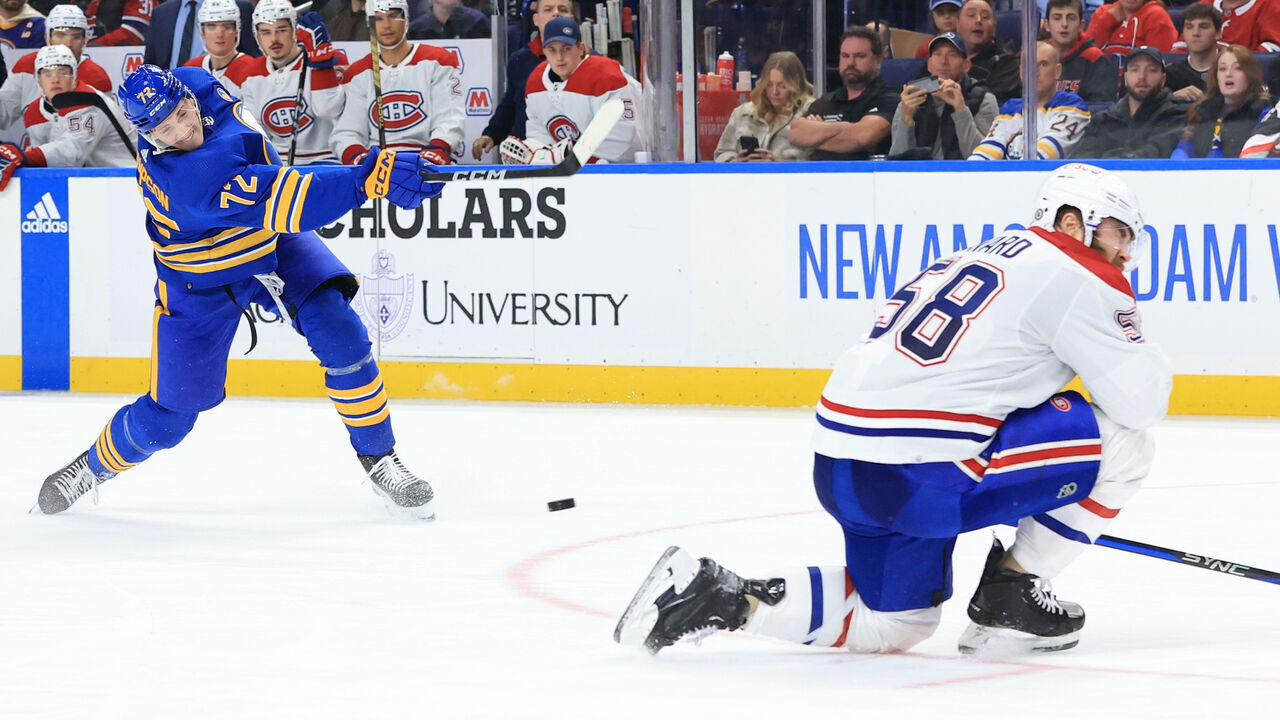 BUFFALO, NEW YORK - OCTOBER 23: David Savard #58 of the Montreal Canadiens blocks a shot from Tage Thompson #72 of the Buffalo Sabres during an NHL game on October 23, 2023 at KeyBank Center in Buffalo, New York. Montreal won, 3-1.