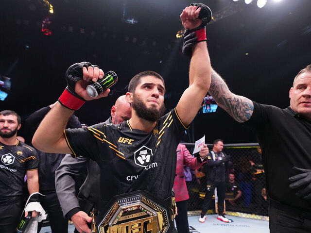 ABU DHABI, UNITED ARAB EMIRATES - OCTOBER 21: Islam Makhachev of Russia reacts after his knockout victory against Alexander Volkanovski of Australia in the UFC lightweight championship fight during the UFC 294 event at Etihad Arena on October 21, 2023 in Abu Dhabi, United Arab Emirates.
