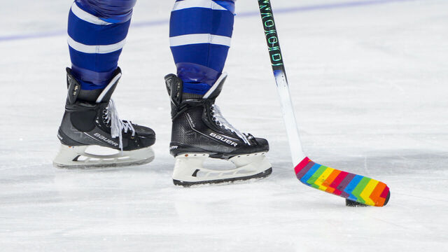 TORONTO, ON - APRIL 4: With pride tape on his stick, William Nylander #88 of the Toronto Maple Leafs warms-up before facing the Columbus Blue Jackets at the Scotiabank Arena on April 4, 2023 in Toronto, Ontario, Canada.