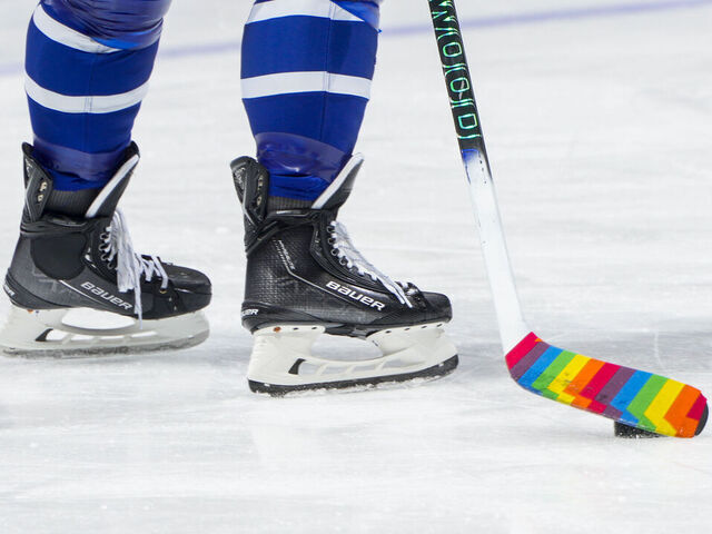 TORONTO, ON - APRIL 4: With pride tape on his stick, William Nylander #88 of the Toronto Maple Leafs warms-up before facing the Columbus Blue Jackets at the Scotiabank Arena on April 4, 2023 in Toronto, Ontario, Canada.
