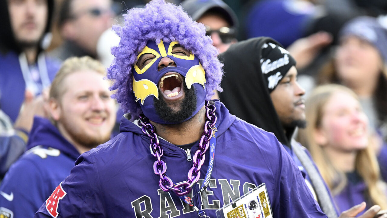 BALTIMORE, MARYLAND - DECEMBER 04: A Baltimore Ravens fan cheers during the game against the Denver Broncos at M&T Bank Stadium on December 04, 2022 in Baltimore, Maryland.